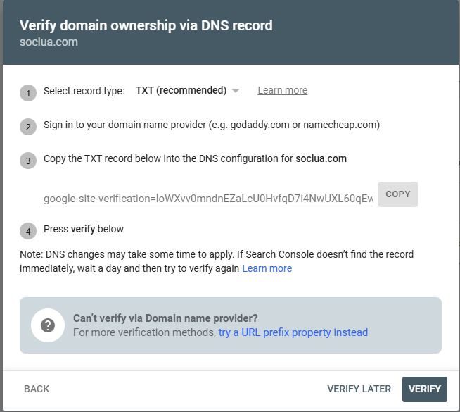 DNS cài đặt google search console