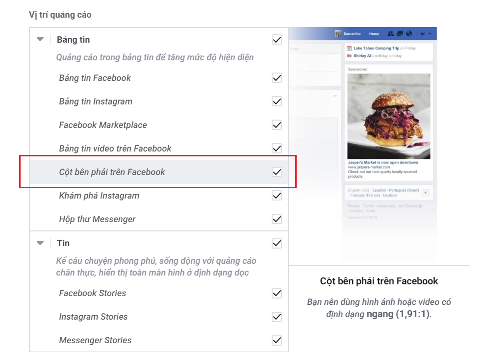 Các loại vị trí đặt quảng cáo trên Facebook