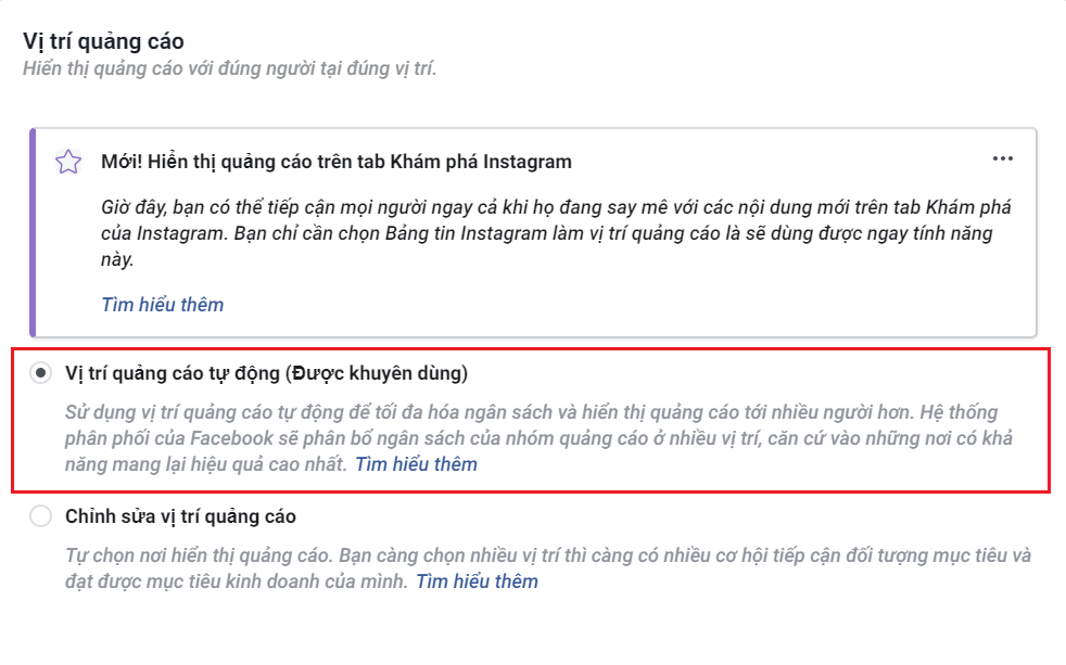 Vị trí chuyển đổi quảng cáo Facebook là gì?