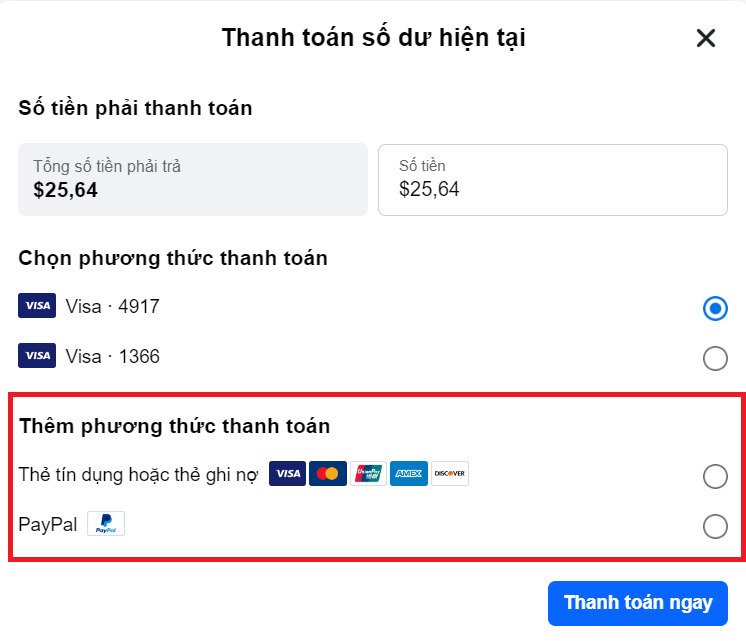 Các phương thức thanh toán mà Facebook hỗ trợ