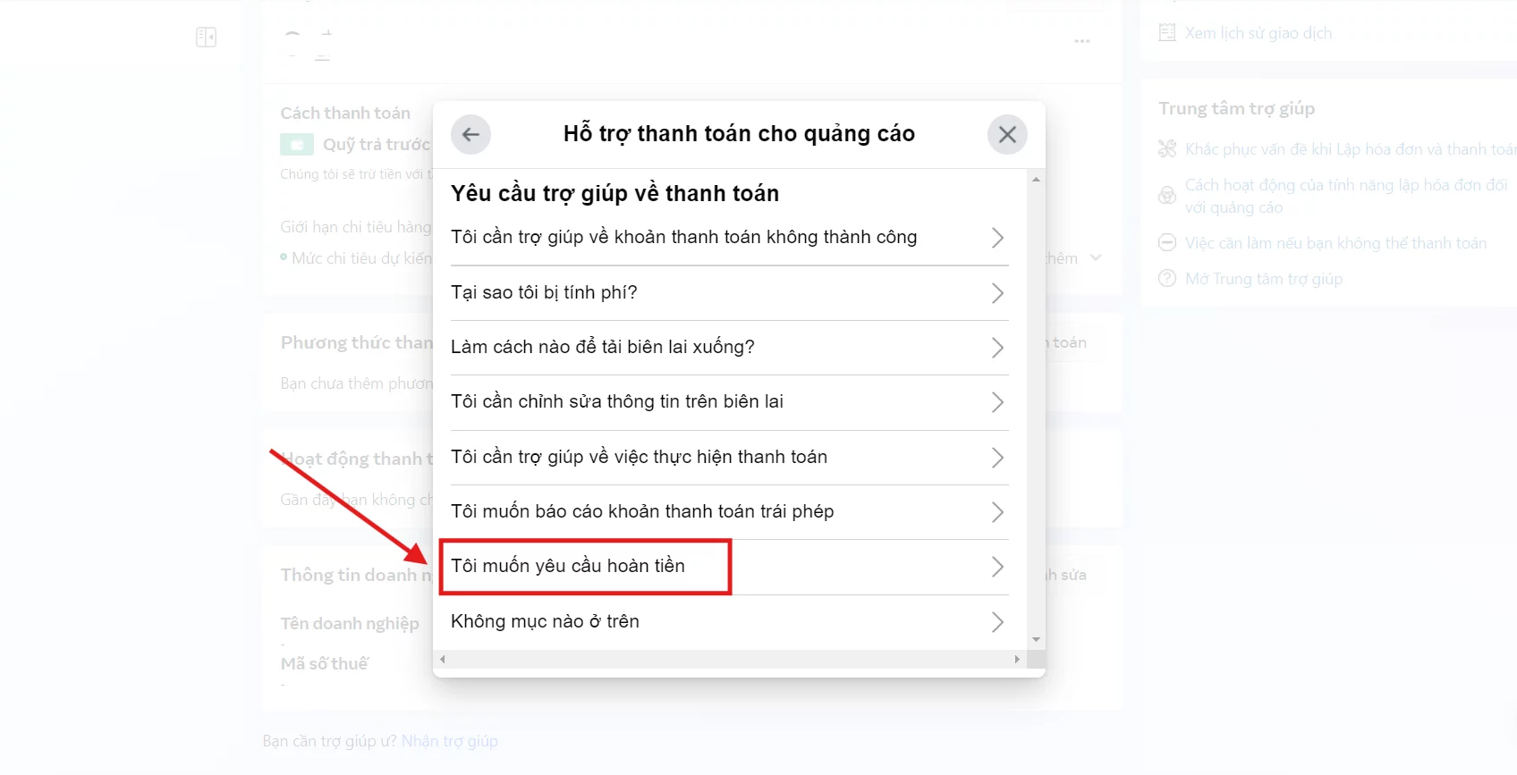 Cách yêu cầu hoàn tiền thanh toán quảng cáo trên Facebook
